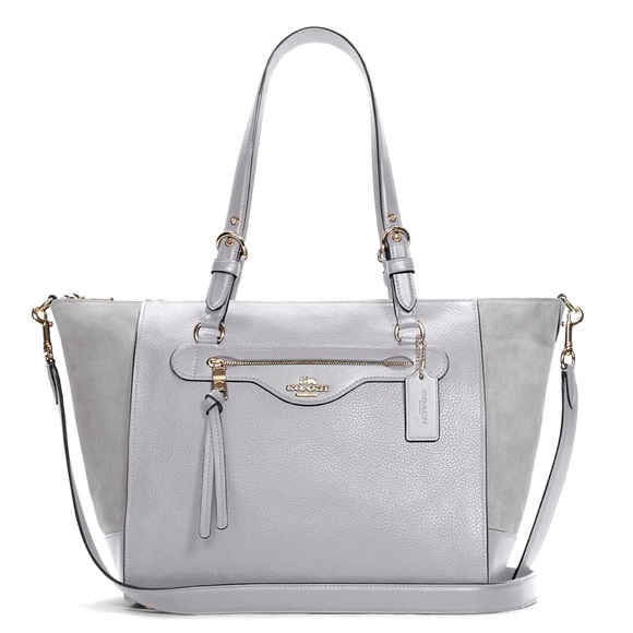 NWT 𝐂𝐎𝐀𝐂𝐇 Grey Leather & Suede Carryall shoulder & hand straps gold hardware - Picture 1 of 8